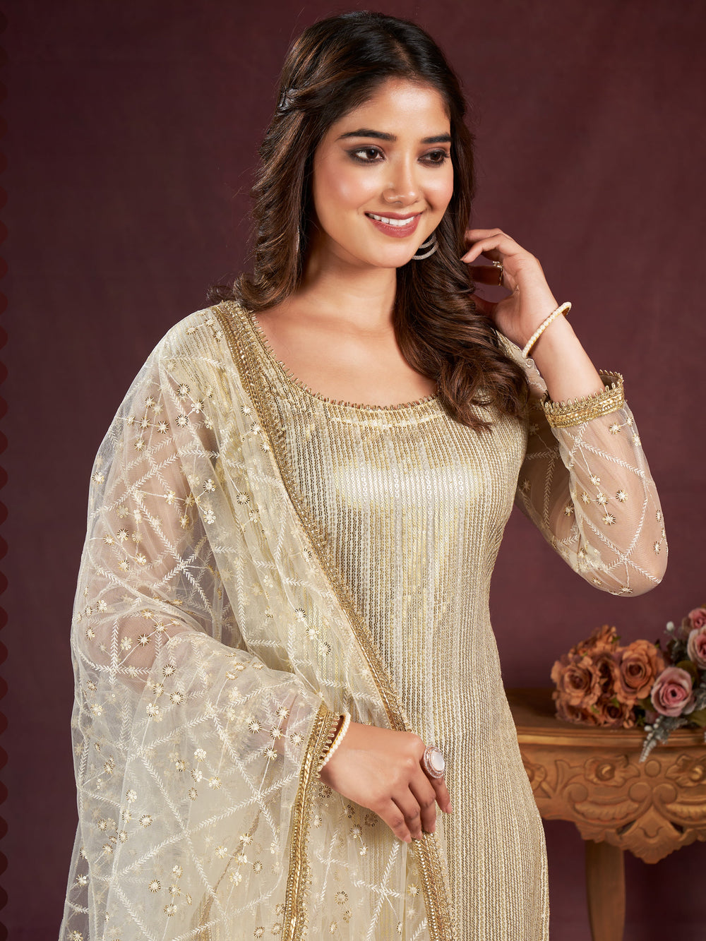 Superb Off-White Sequins Net Wedding Wear Salwar Kameez With Dupatta