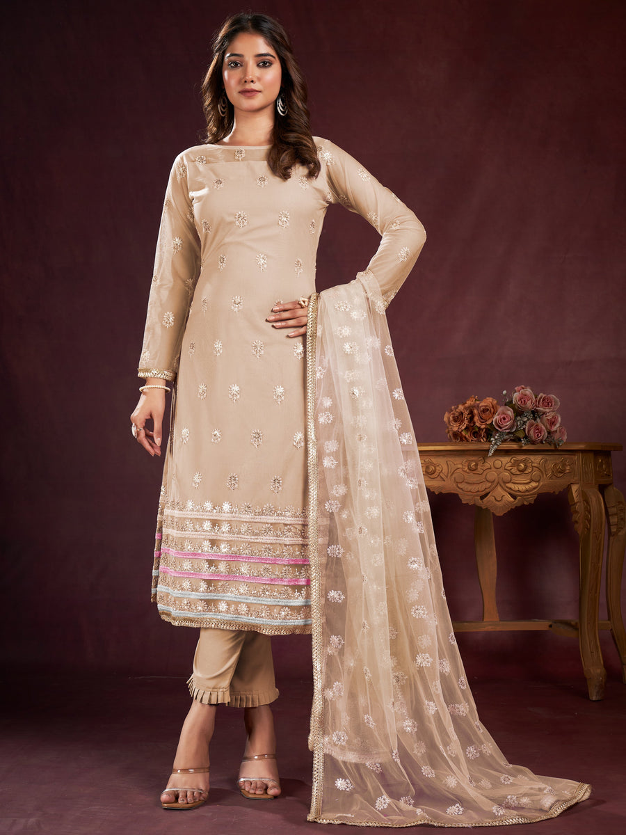 Great Cream Sequins Net Function Wear Salwar Kameez With Dupatta