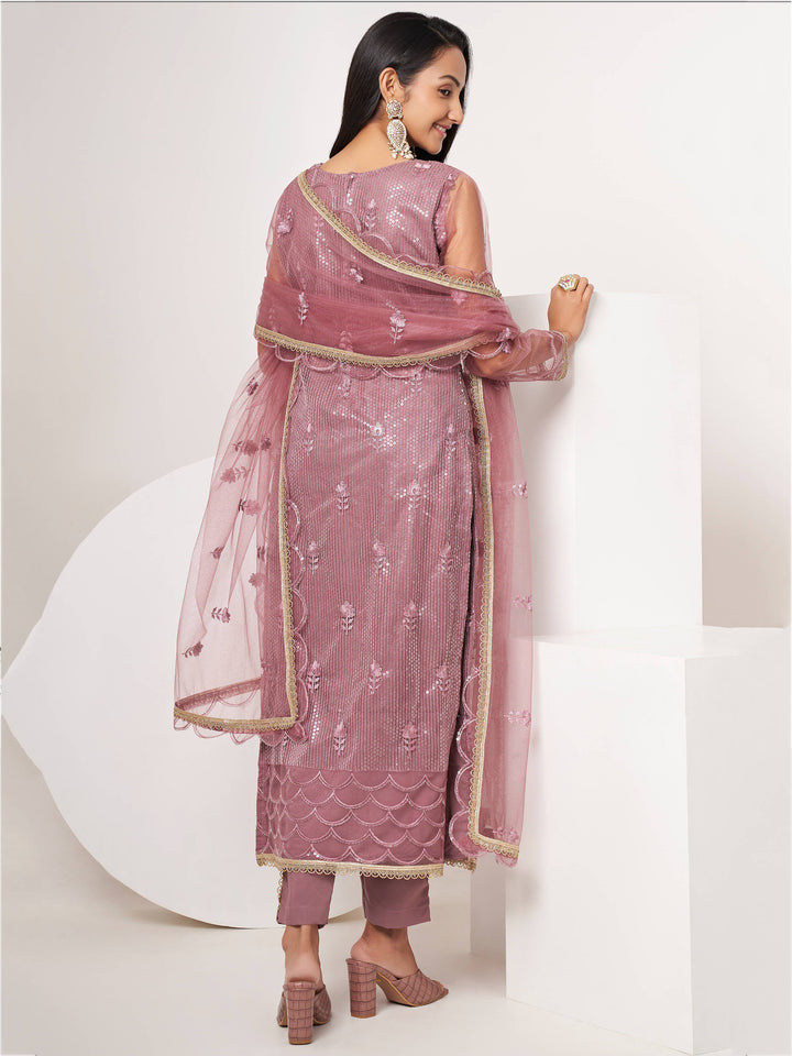 Opulent Dusty Pink Sequins Work Net Sangeet Wear Salwar Suit With Dupatta