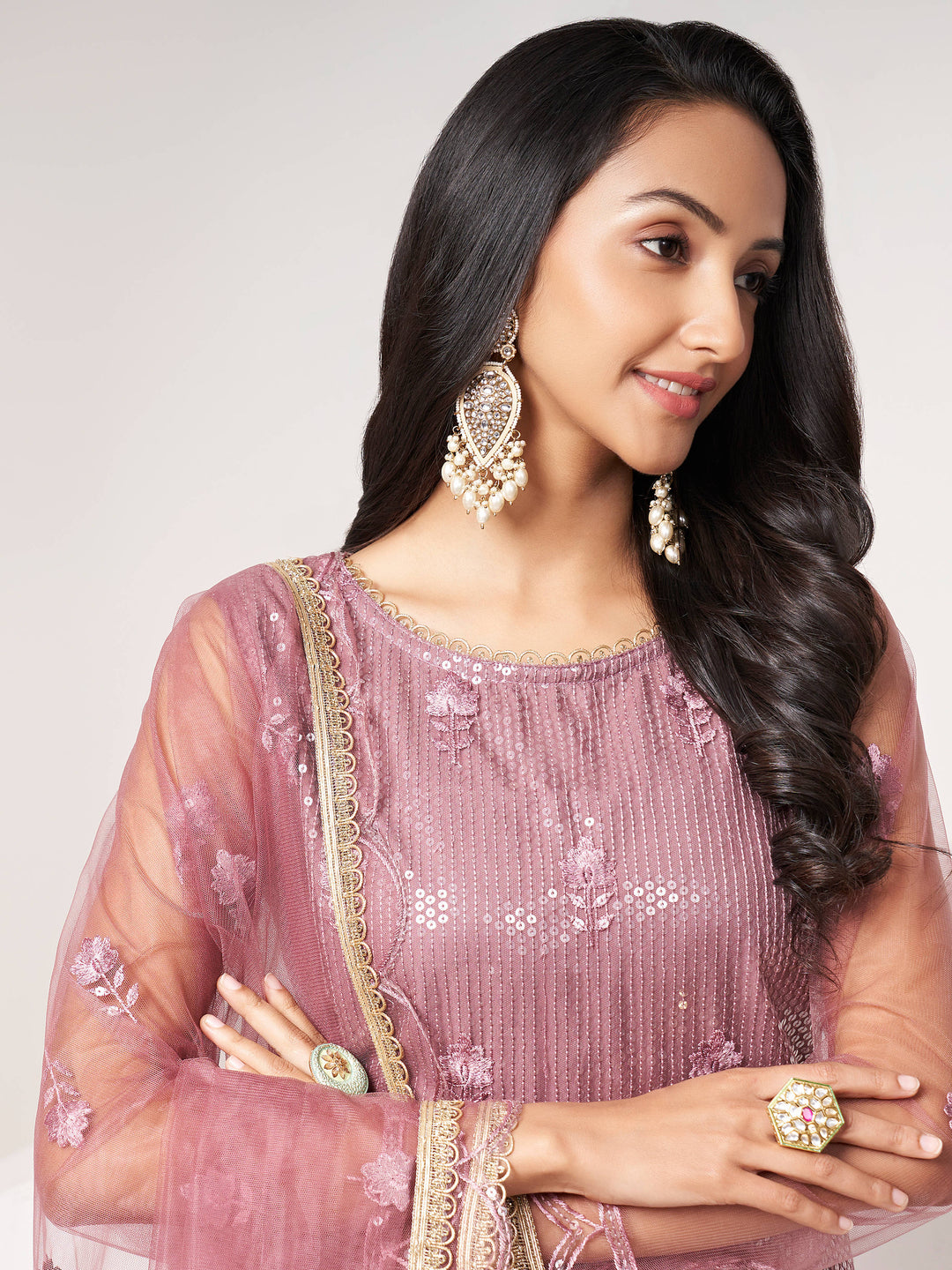 Opulent Dusty Pink Sequins Work Net Sangeet Wear Salwar Suit With Dupatta