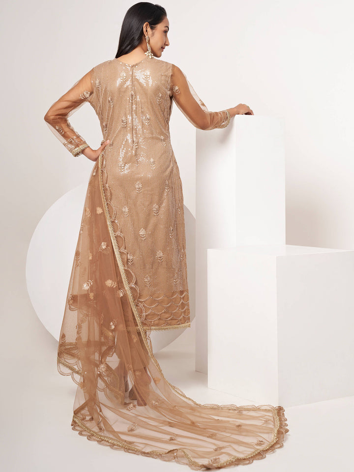 Beautiful Brown Sequins Work Net Designer Salwar Suit With Dupatta