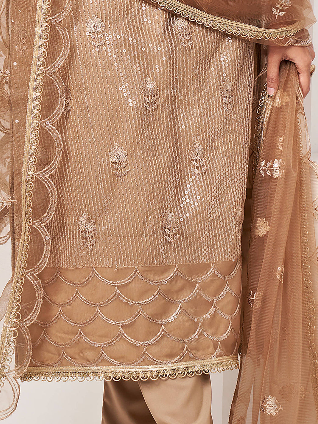 Beautiful Brown Sequins Work Net Designer Salwar Suit With Dupatta