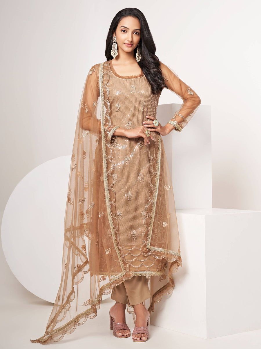 Beautiful Brown Sequins Work Net Designer Salwar Suit With Dupatta