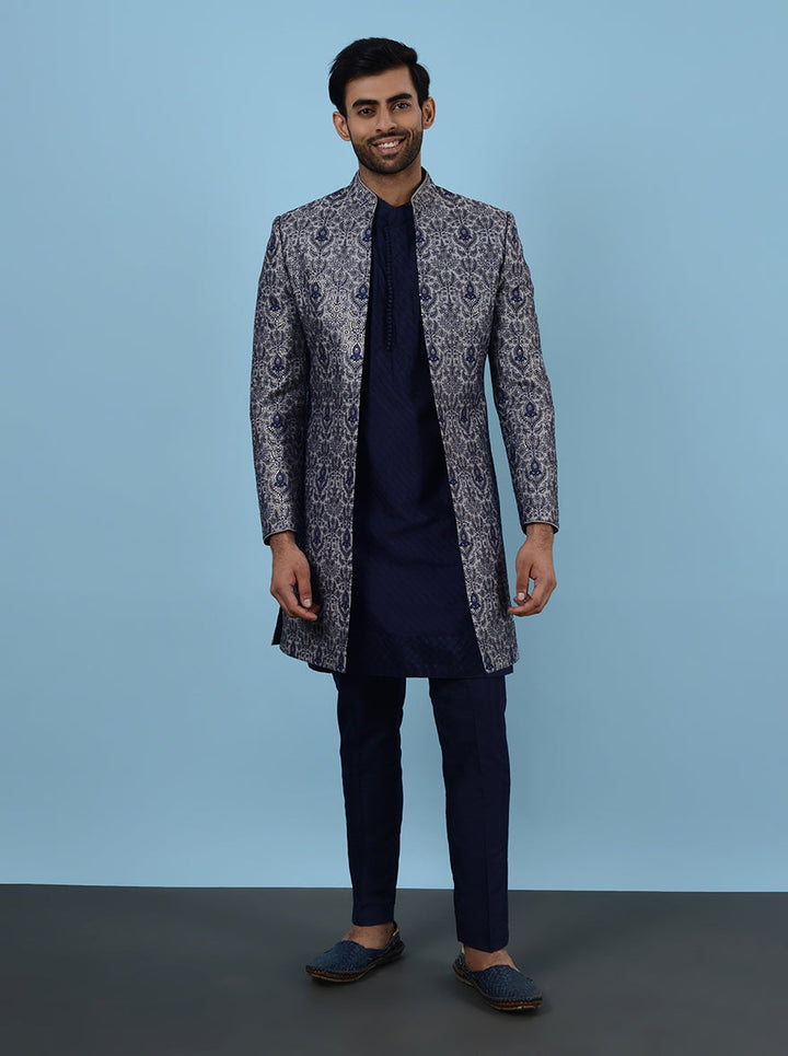 Celebrate in style with this Grey & Blue Indowestern in the USA, designed for sangeet and reception, featuring premium silk blend and stunning embroidery for unforgettable moments.