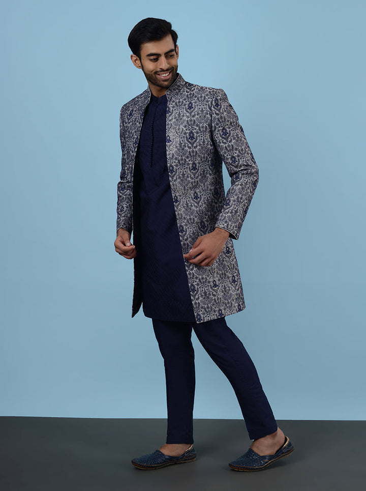 Dress to impress at your special occasion in the USA with this elegant Grey & Blue Indowestern, made from soft silk blend and detailed with exquisite embroidery.