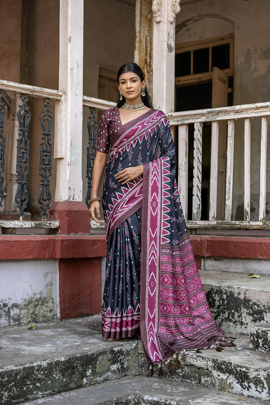 Soft Tussar silk saree with a traditional temple border and Ikkat print