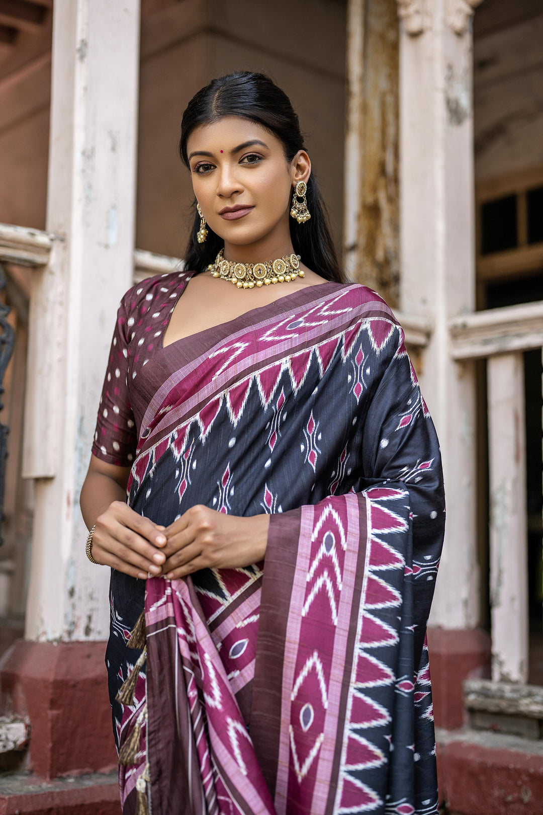 Tussar silk saree featuring Ikkat print and temple border, ideal for festivals