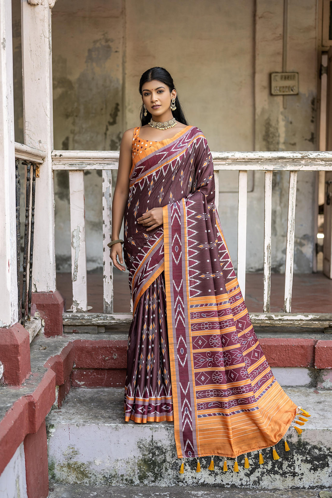 Tussar silk saree with classic temple border and unique Ikkat design