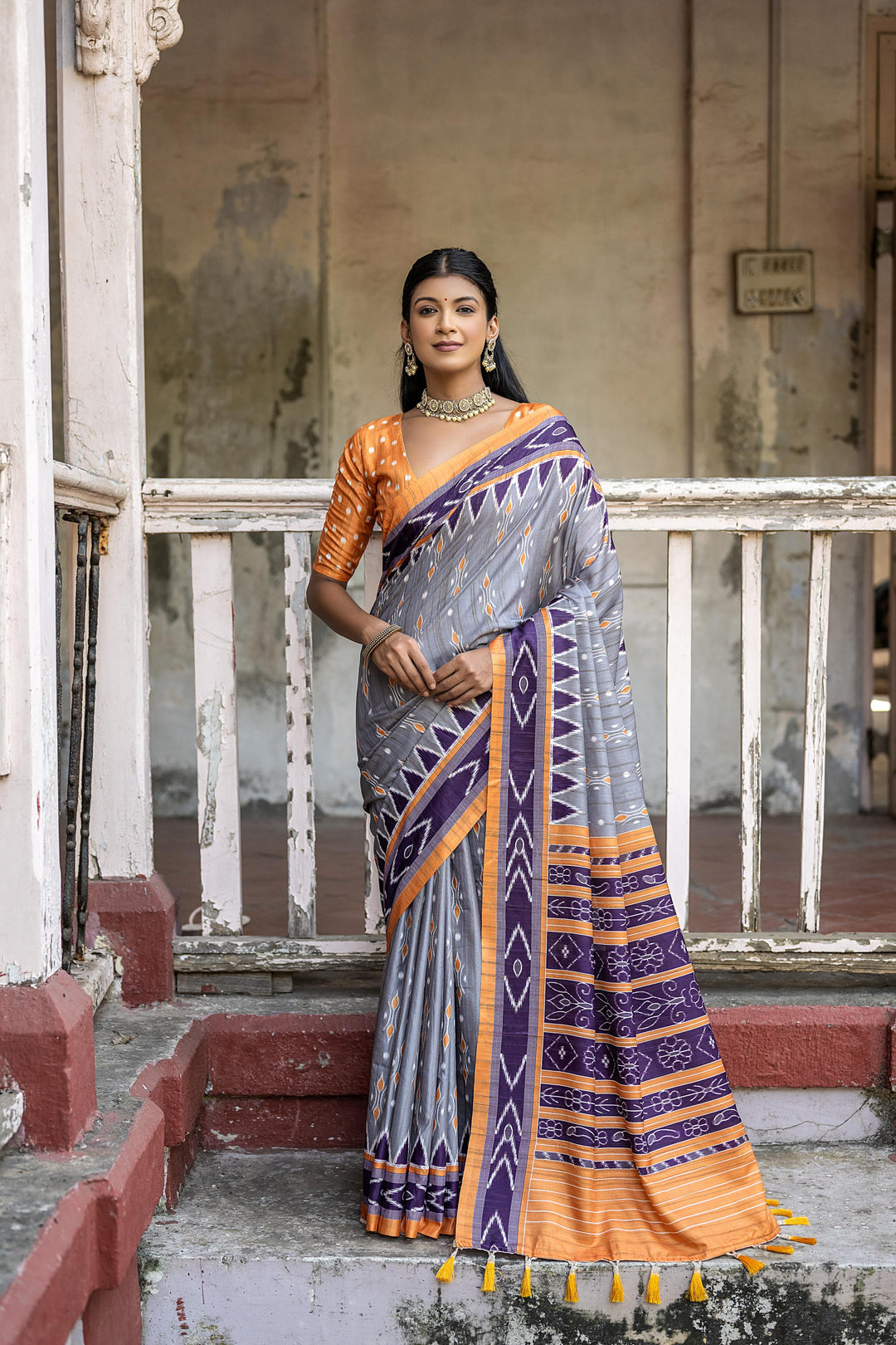 Tussar silk saree with traditional Ikkat pattern and sophisticated temple border