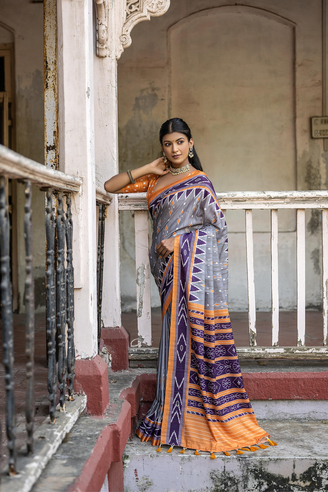 Classic Tussar silk saree with Ikkat printed design and elegant temple border