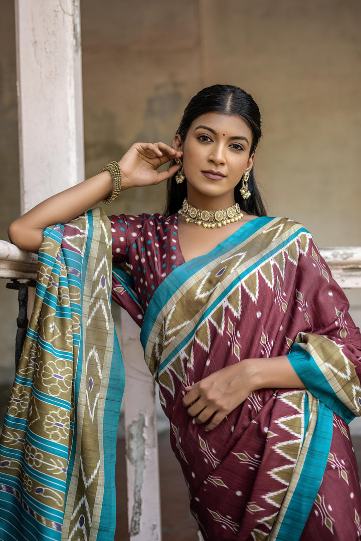 Tussar silk saree with Ikkat print and contrast blouse piece, ideal for traditional events