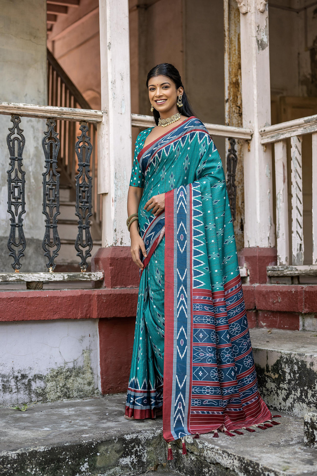 Sophisticated Tussar silk saree with temple border and Ikkat-inspired pallu