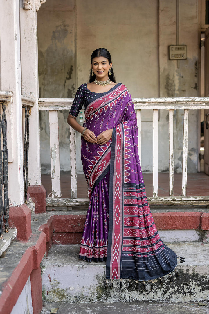 Traditional Tussar silk saree with temple border, Ikkat pattern, and matching blouse