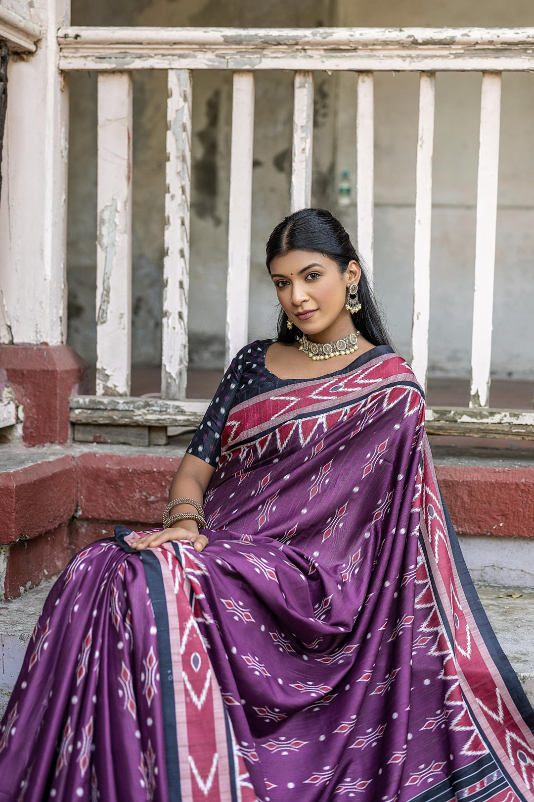 Soft Tussar silk saree with classic temple border and unique Ikkat pattern