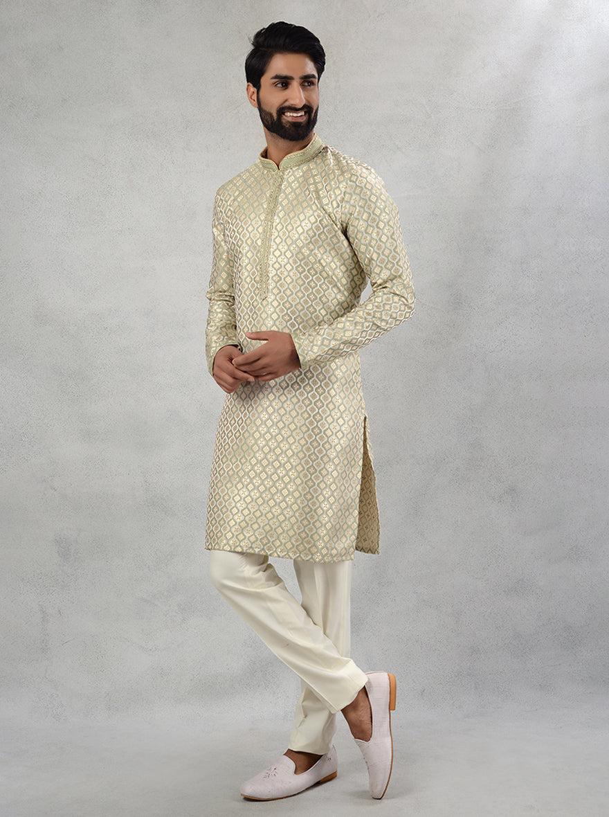 Men's Cream Green Silk Jacquard Kurta Pajama Set, Self-Pattern Design for Special Occasions