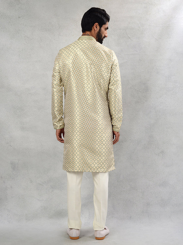 Self-Designed Cream Green Silk Jacquard Kurta Pajama for Men, Traditional Ethnic Wear