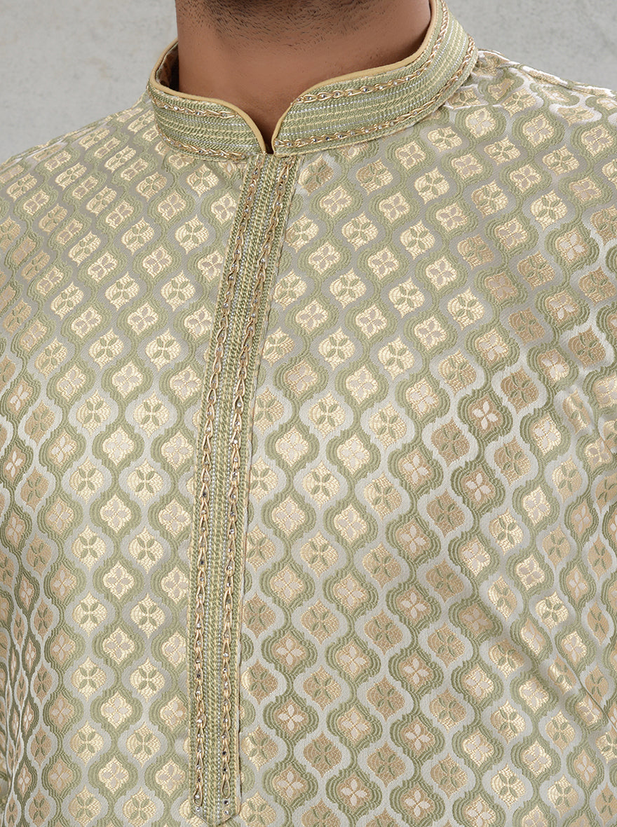 Stand out in style with this elegant cream green silk jacquard kurta pajama, perfect for traditional events in the USA.