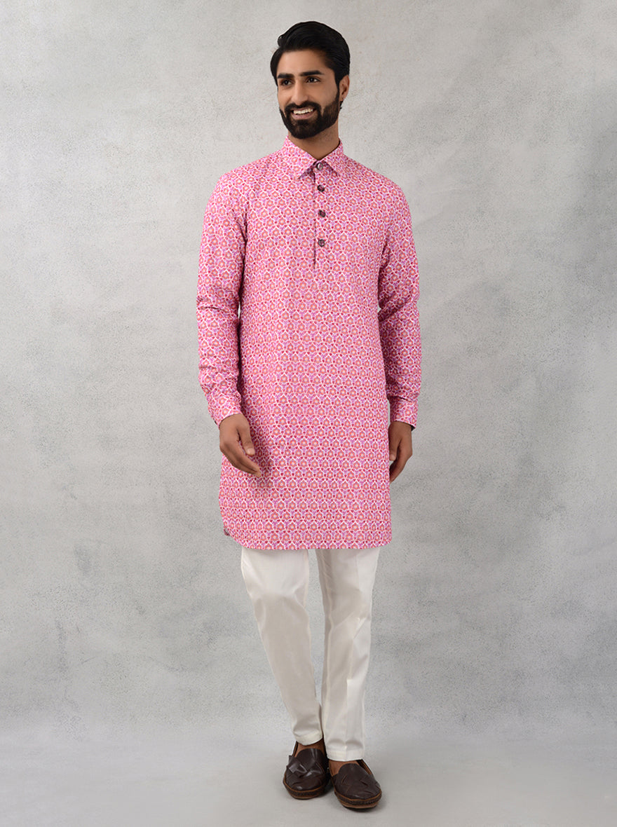 Pink cotton blend embroidered kurta pajama, USA festive attire