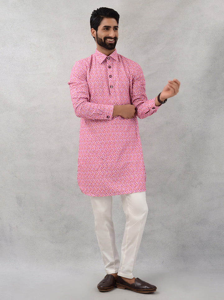 Pink cotton kurta pajama for men, mandarin collar, USA wear