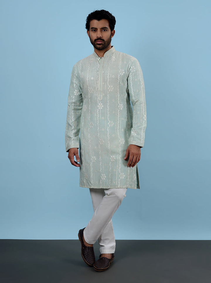 Elegant sea green kurta pajama for USA men’s mehndi and sangeet events.