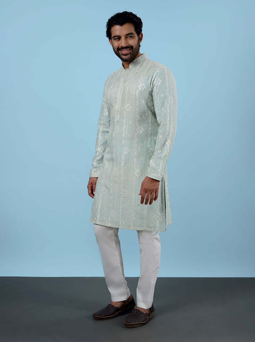 Men’s sea green silk blend kurta pajama, designed for USA festive occasions.