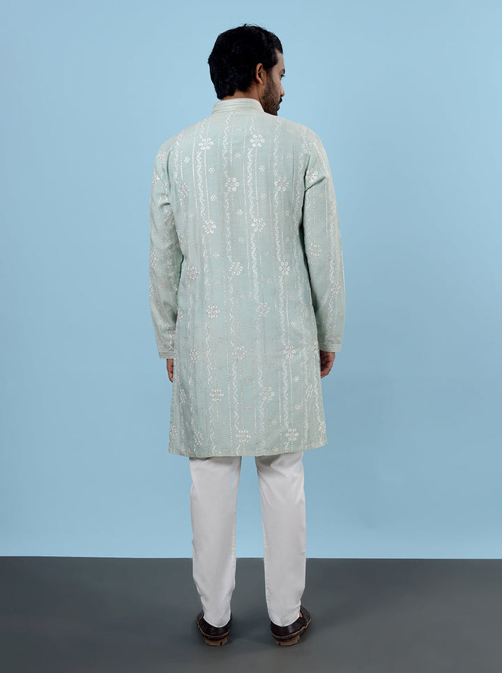 USA men’s sea green kurta pajama for mehndi, crafted with embroidery.