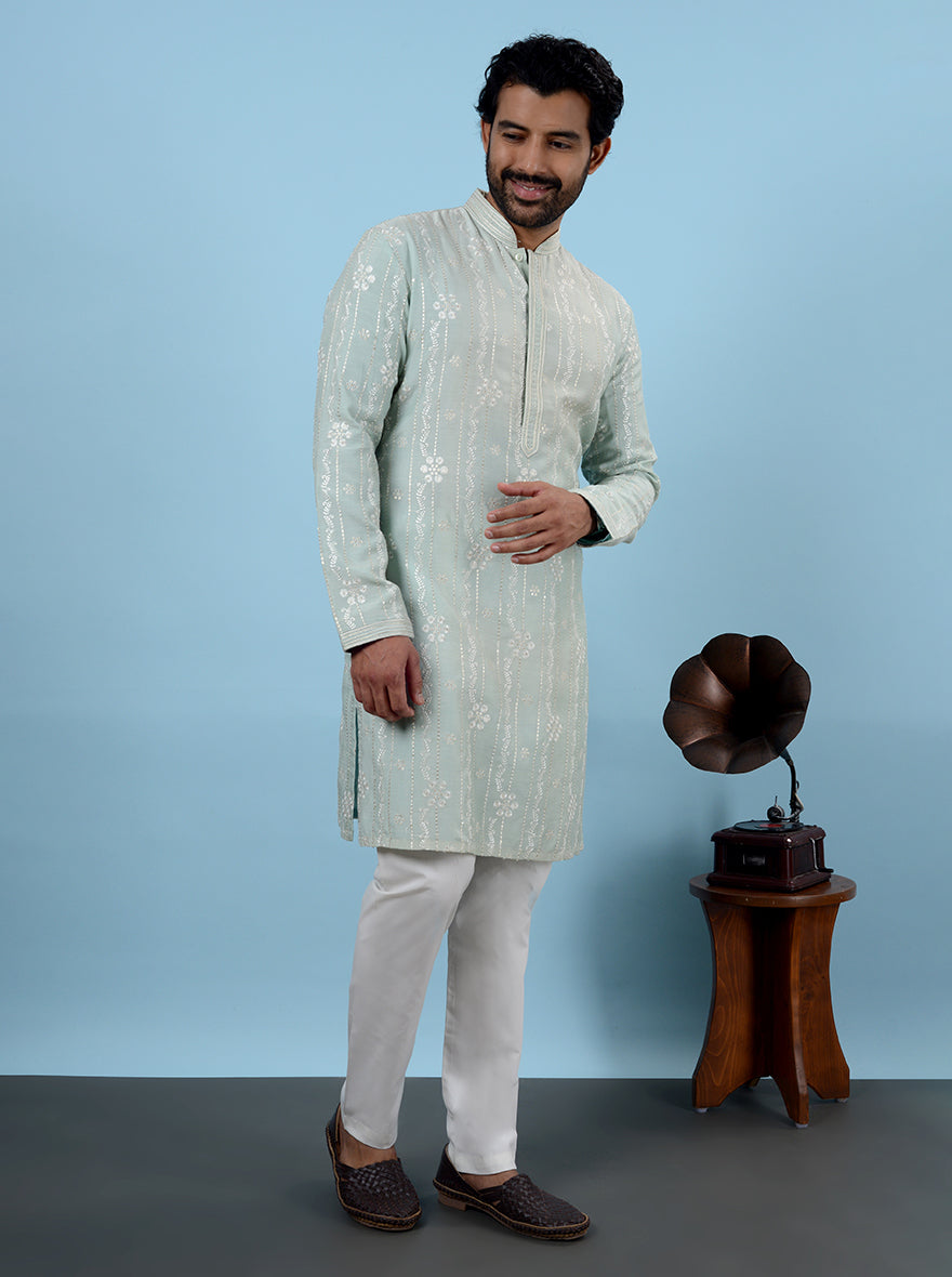 Embroidered sea green kurta pajama, perfect for USA men’s mehndi and sangeet.