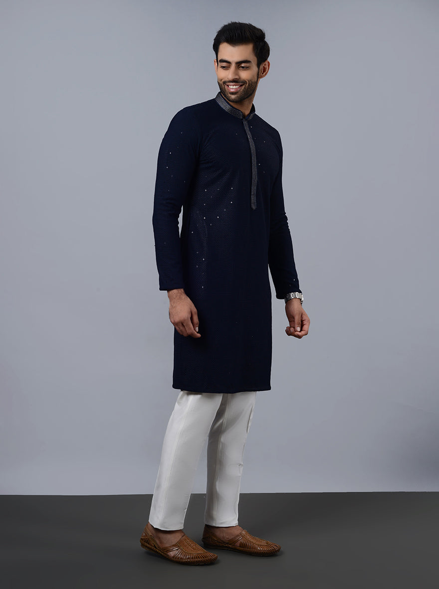 Elegant navy blue kurta pajama, blending tradition with modernity.