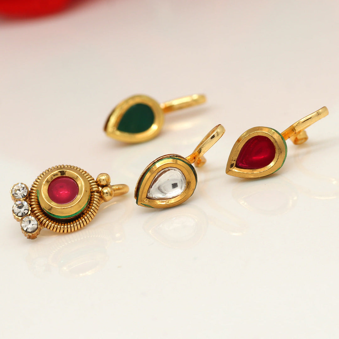 Kundan Nose Pin Set | Elegant Gold Plated Nose Pin Combo