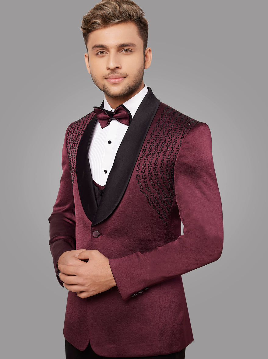 Luxurious maroon placement embroidered suit, ideal for weddings, proms, and formal gatherings.