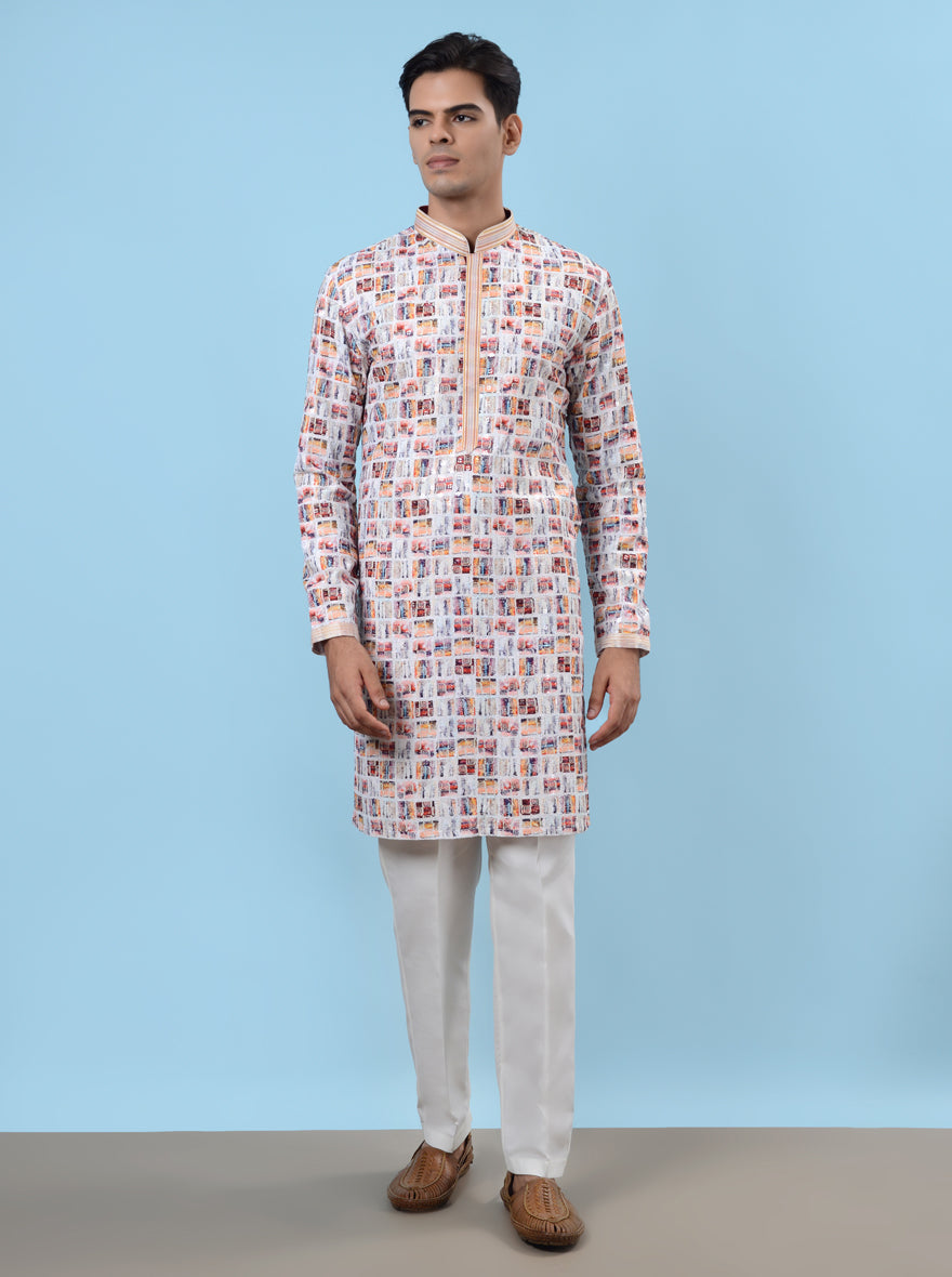 Stylish white & red kurta pajama for men, designed for elegance during pooja celebrations in the USA.