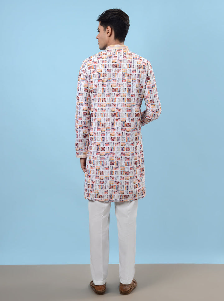 Celebrate in style with our white & red kurta pajama set, ideal for festive occasions in the USA.