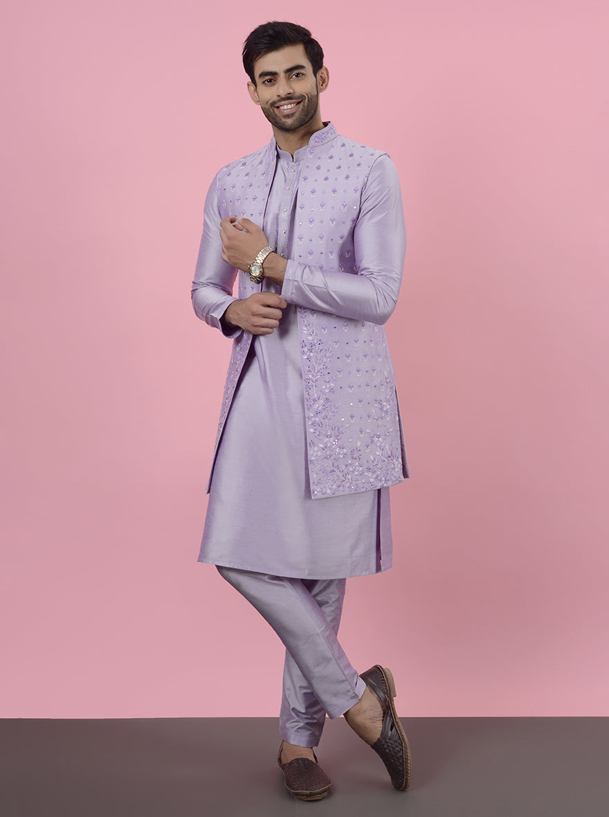 Elegant purple men’s kurta set for pooja, crafted for USA events with intricate embroidery.