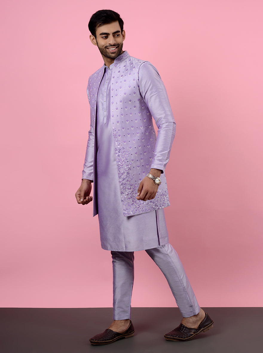 Silk blend purple kurta set, ideal for USA sangeet and pooja occasions.