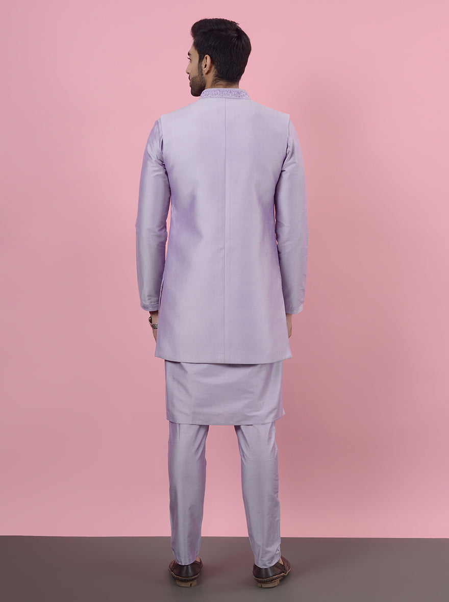 Men’s purple embroidered kurta set, designed for USA pooja and sangeet ceremonies.