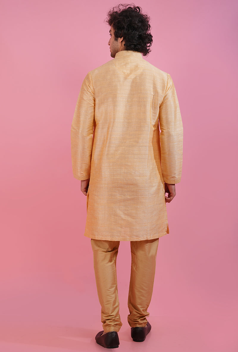 Comfortable golden kurta pajama for men, ideal for casual celebrations in the USA.