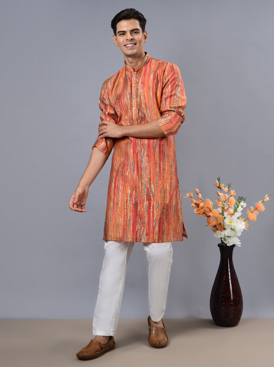 Stylish orange kurta pajama for men, made from luxurious silk blend for a touch of elegance.