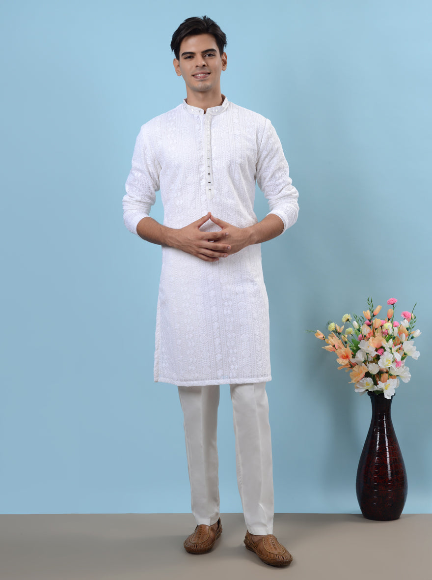 Unique white silk kurta pajama that brings luxury to your festive gatherings in the USA.