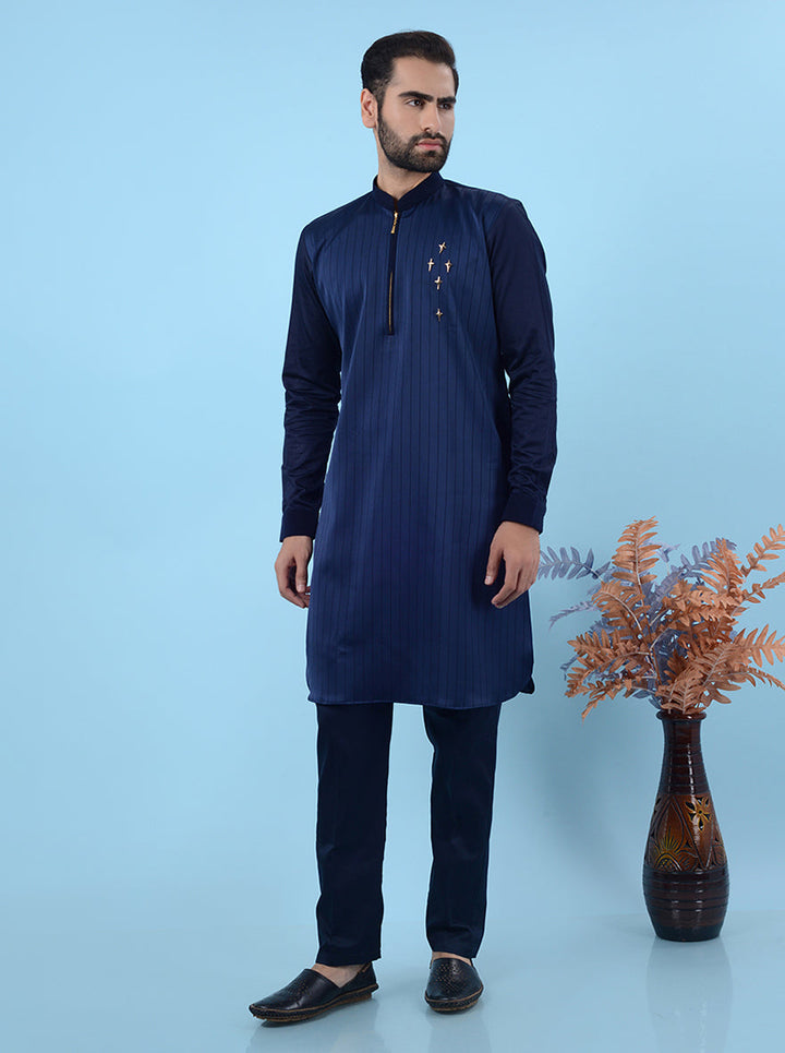 Elegant blue kurta pajama set, perfect for men who appreciate luxury and comfort during festive events in the USA.