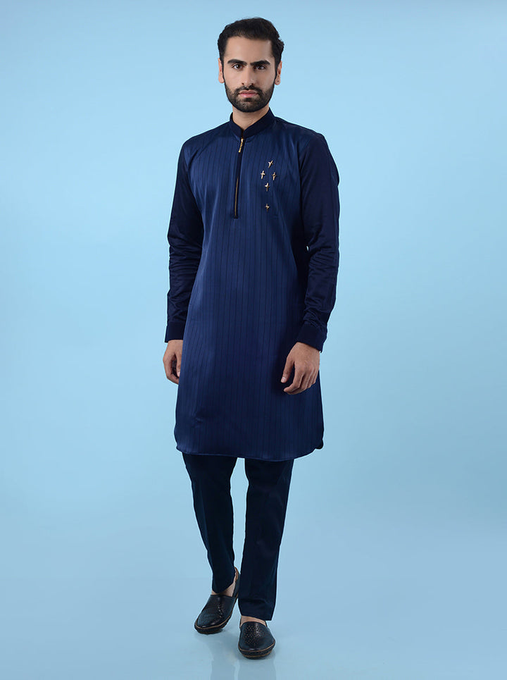 Premium navy blue knit stretch kurta pajama set for men, designed for both traditional and modern looks.