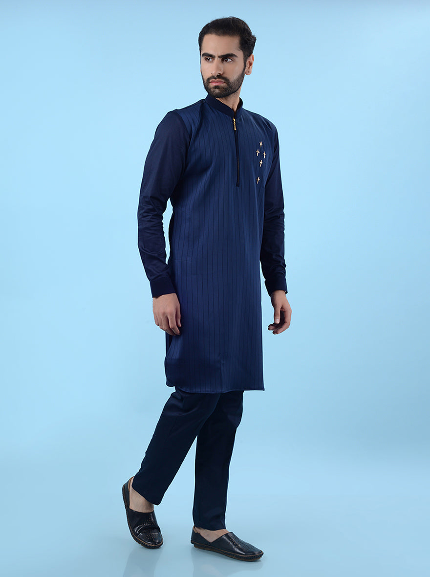 Navy blue kurta pajama set with knit stretch, offering a sleek, contemporary take on ethnic wear.