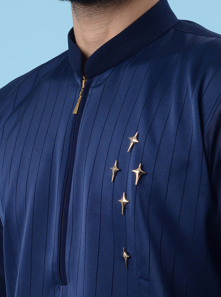 Men’s navy blue knit stretch kurta pajama, ideal for festive wear and traditional events.