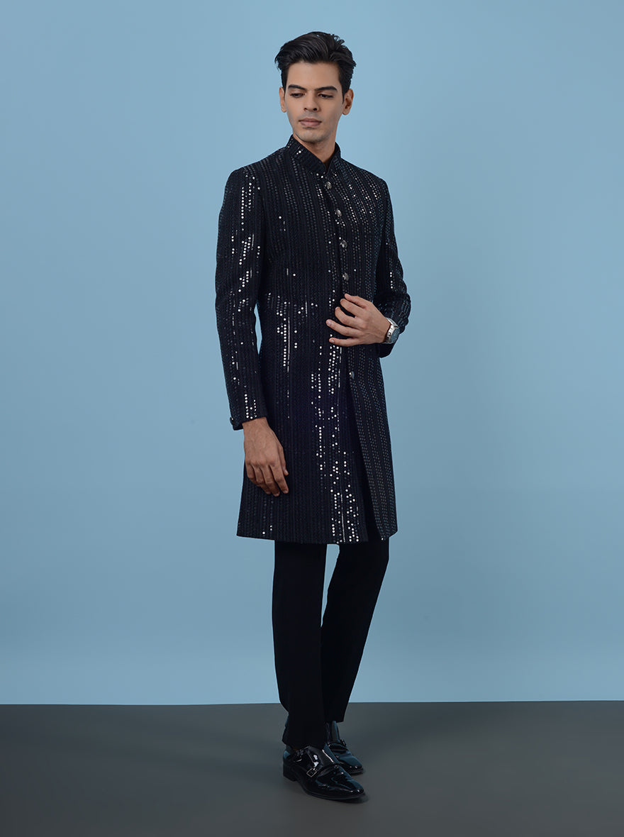 Make a bold fashion statement with this Black Indo-Western set, showcasing intricate details for special events.