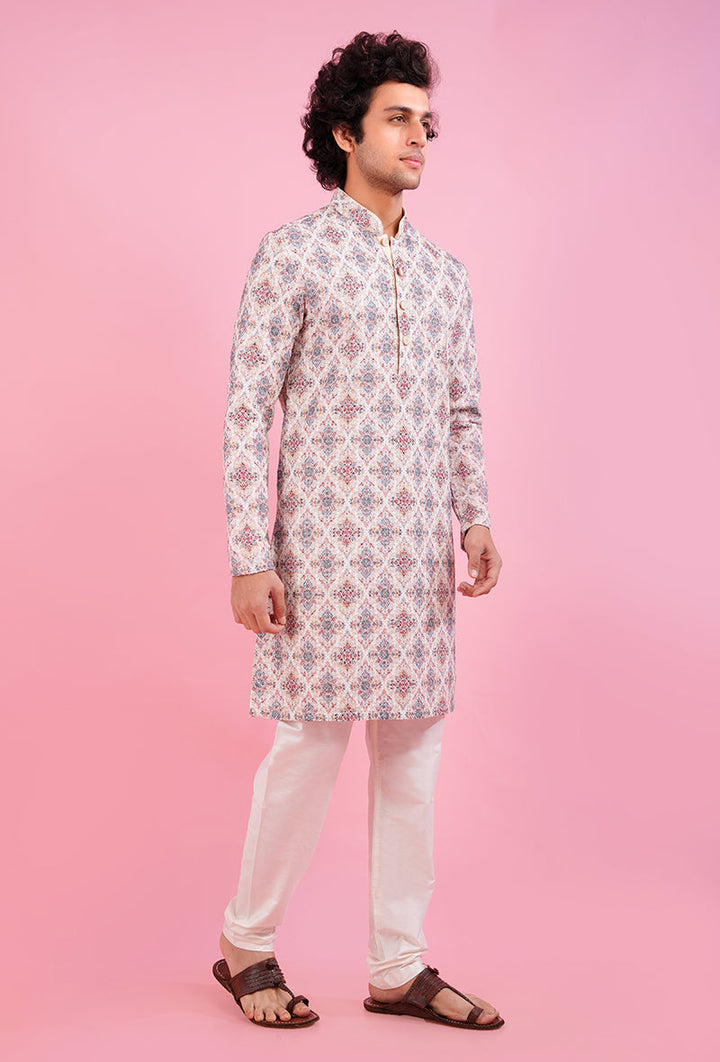 USA men's elegant cream kurta pajama, showcasing intricate embroidery.