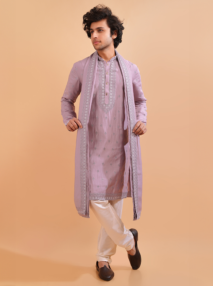 Stylish onion pink men's kurta pajama set, perfect for traditional events and celebrations.