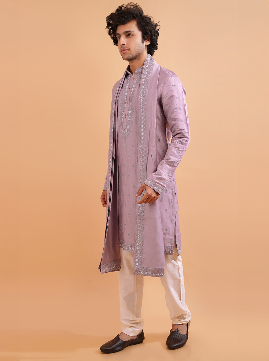 Elegant onion pink kurta pajama set with fine silk blend, ideal for weddings and poojas.