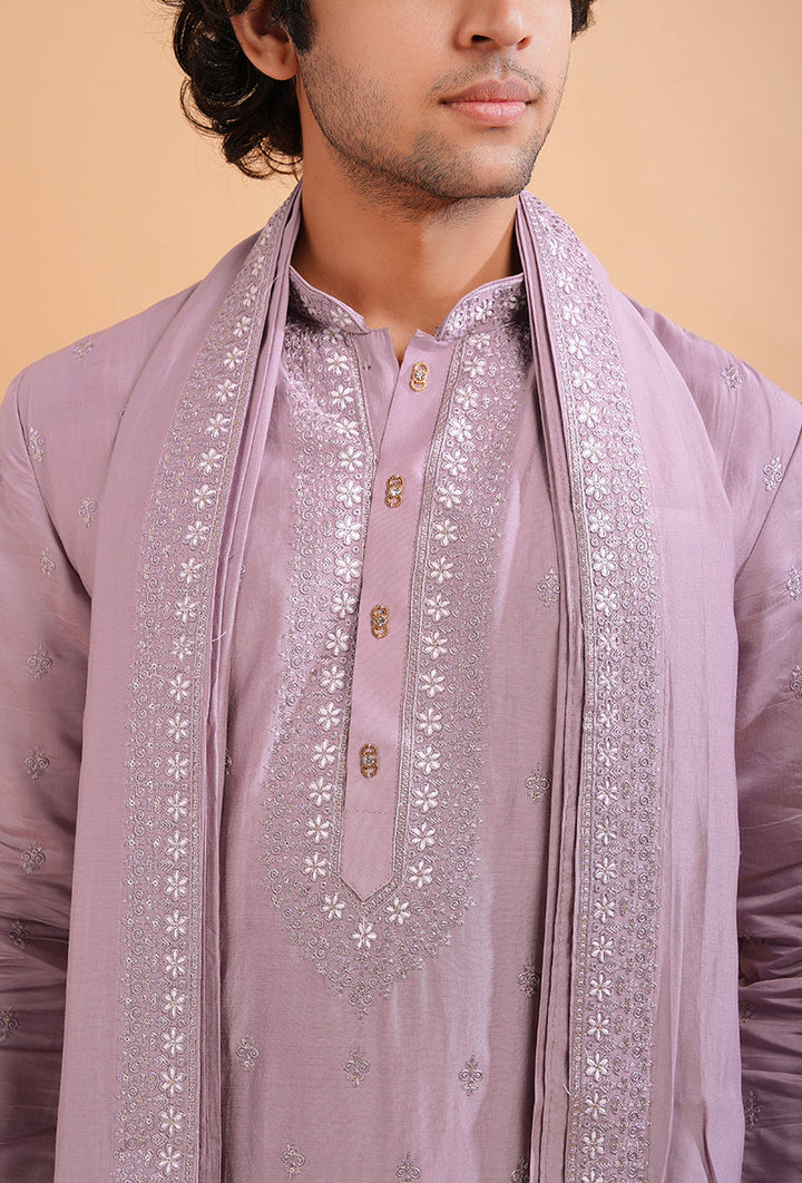 Onion pink silk blend kurta pajama set for men, designed for stylish traditional wear.