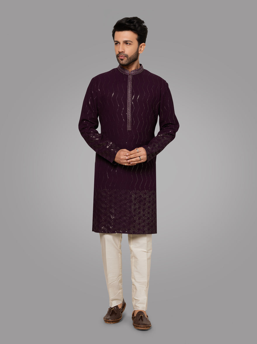 Elegant Wine Kurta Pajama for men with embroidery, perfect for weddings and festive occasions.