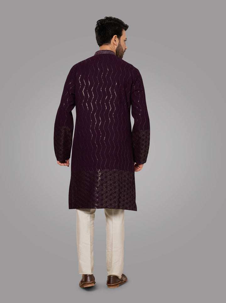 Traditional Wine Kurta Pajama for men, perfect for sangeet, pooja, and ethnic wear events.