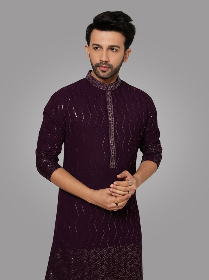 Stylish Wine Kurta Pajama Set for men, adorned with resham and diamond embellishments.